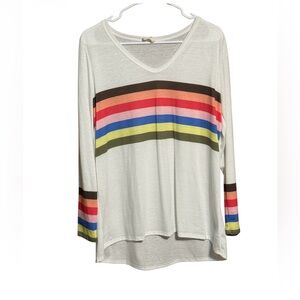 BiBi Rainbow Stripe Long Sleeve Top White Boho Lightweight Shirt M